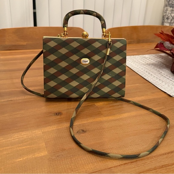 Cawen's Tan, Brown & Hunter Vintage Look Gold Handle Bag Like New - Picture 1 of 11